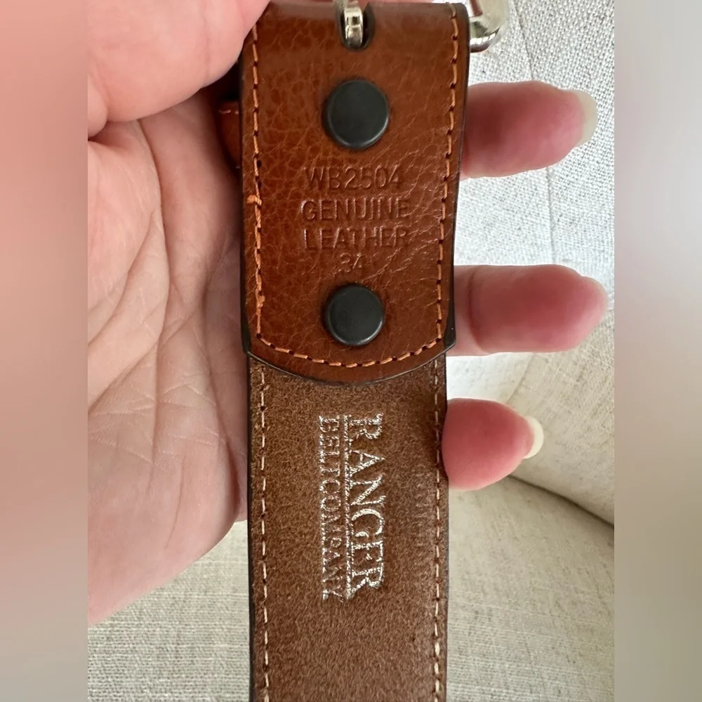Ranger Belt Company Brown Leather Men’s 34 Engraved Rancher Farmer Rodeo Cowboy
